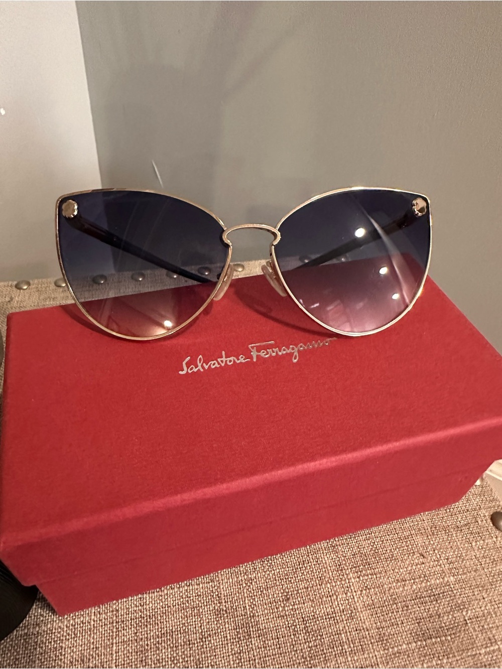 Salvatore Ferragamo Gold Frame Sunglasses with Blue-to-Purple Gradient Lenses